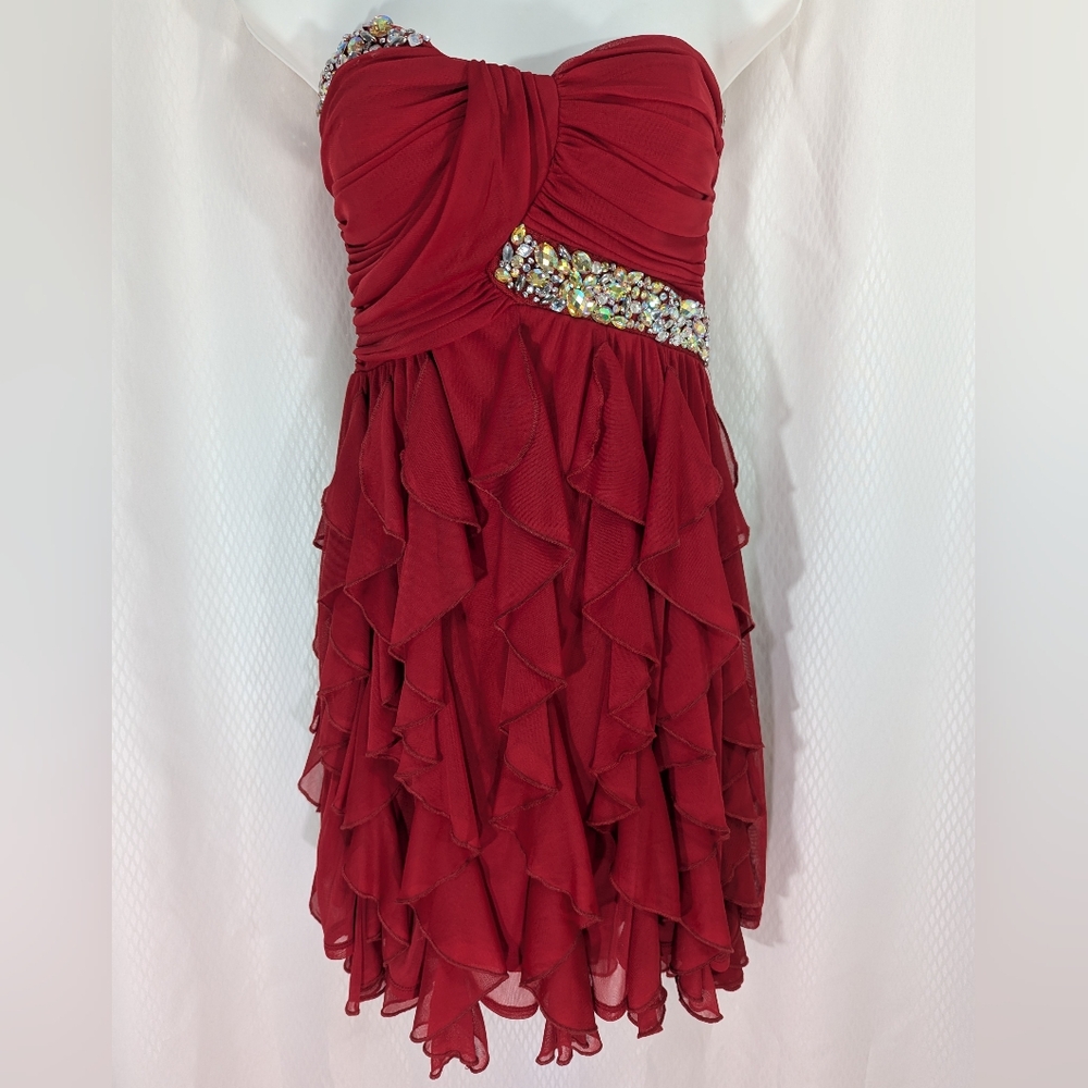 Lily Rose Embellished Strapless Scarf Skirt Short Formal, Bold Red, Size 7